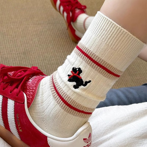 Women's Cotton Mid-Calf Socks With Animal Embroidery Striped Design Japanese Korean Style Casual Socks - Product Image 1