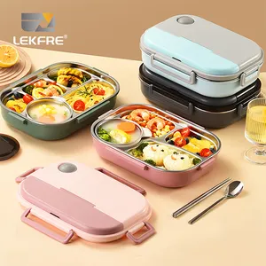 4-Compartment SUS 304 Stainless Steel Tiffin Bento Box Leak-Proof Plastic Lid Microwave Safe Takeaway Lunch Box For Children