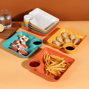 PP Persegi Nampan Peralatan Makan Tahan Lama Warna-warni Piring Pangsit Mie Piring Sushi Piring Jerami Gandum dengan Kompartemen Saus