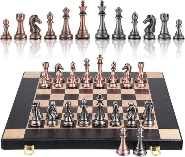 RUNAN High Quality 15inch Ebony International Chess Set with 3inch Metal Pieces