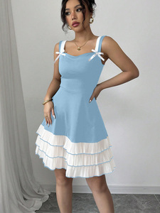 Vestido elegante de tirantes con corte en U y cintura natural, estilo pastel de varias capas en contraste, ideal para el verano y el otoño. - Product Image 6