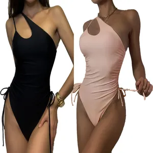 Hot Sale Sexy Dames Solide One-Shoulder Nauwsluitende Bikini Met Trekkoord Mouwloze Bikini 'S Eendelige Set Badpakken