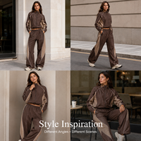 Conjunto Cortavientos Marrón de MOQ Bajo, Etiqueta Privada, Chaqueta Corta Tejida y Pantalones de Pierna Ancha, Conjunto de Dos Piezas para Mujer