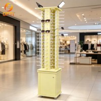 Floor Standing Rotating Sunglasses Display Rack, 4-Sided Eyewear Stand with Cabinet & Wheels for Retail Shop