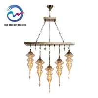 Lustre suspendu linéaire à 5 lumières, style turc vintage marocain, en verre ambré et fer, avec LED, forme bande longue moyenne, pour îlot de cuisine