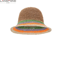 Topi Jerami Wanita Lipat Warna-warni Rajut Model Bucket untuk Liburan Musim Panas di Tepi Laut, Pelindung Sinar Matahari, Penahan Panas