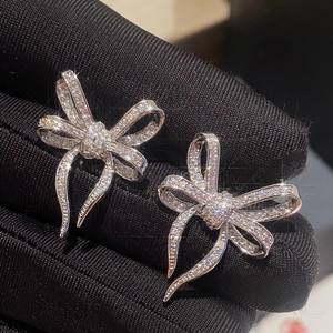 ต่างหูรูปโบว์น่ารัก ชุบทองคำขาว ประดับคริสตัลและเพชรเทียม เหมาะสำหรับงานปาร์ตี้ เครื่องประดับแฟชั่นสำหรับผู้หญิง - Product Image 3