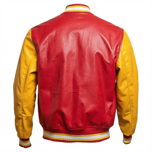 Blouson universitaire homme en cuir véritable, color block rouge et jaune, décontracté, fermeture éclair, col rabattable, coupe droite, pour l'automne - Product Image 1