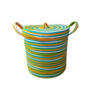 Colorful Jute Woven Straw Storage Basket <b>with</b> Handle <b>Lid</b> Rope Organizer <b>Bin</b> for Living Room Nursery Bathroom - Product Image 2