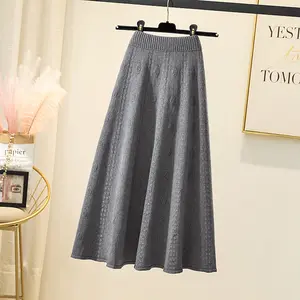 Autumn and winter new fashion casual loose sweet solid color high waist mid-length umbrella skirt women's knitted wool skirt