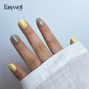 Easywell Custom Yellow Design Short Squoval Gel Nail Private Soft Acrylic 30PCs Chrome Artificial Fingernail Press on Nails - Product Image 1