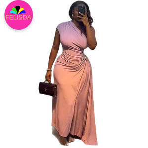 Robe longue sans manches à col oblique et froncé avec boutons sur le côté Robe longue de vacances Fête d'anniversaire à une épaule Robe mince Vestiods - Product Image 1