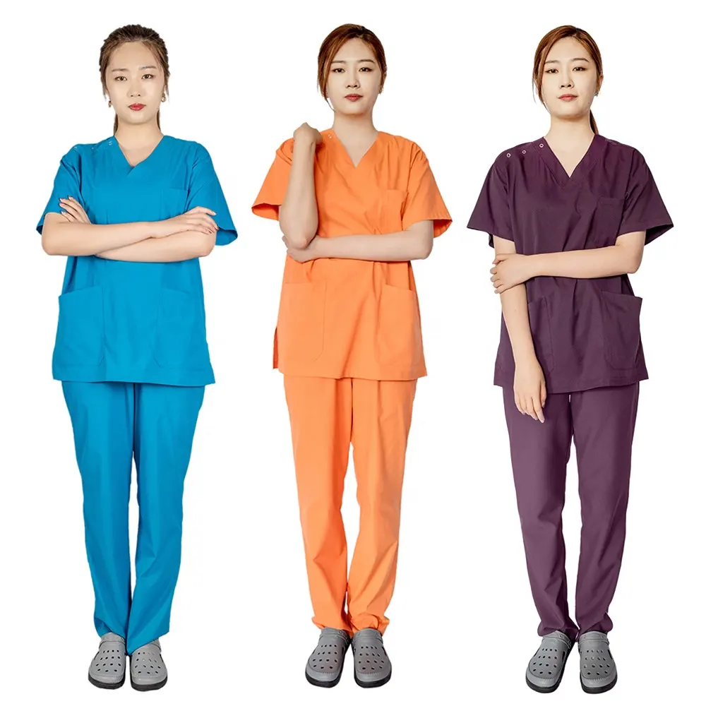 紫の看護ユニセックス半袖スクラブ病院ユニフォーム外科卸売OEMプロフェッショナル新しいファッション中国米国スクラブセット