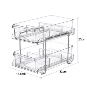 Organisateur transparent à 2 niveaux avec séparateurs, conteneur de rangement coulissant polyvalent, boîte de rangement transparente