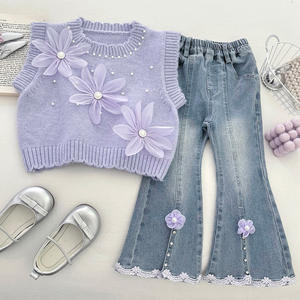 Set 3 Potong Musim Gugur 2025 Rompi Rajut Motif Kupu-kupu Biru + Kemeja Lengan Panjang + Celana <span class=keywords><strong>Jeans</strong></span> Berpita Pakaian Anak Modis - Product Image 4