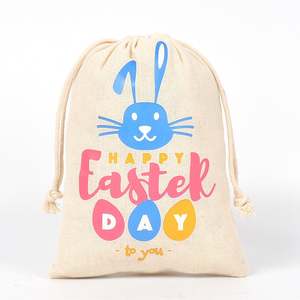 13*18cm Recyclable Cotton Linen Pocket Drawstring <b>Gift</b> <b>Bag</b> Happy <b>Easter</b> Bunny Pattern for Small Candy Craft Packaging Party - Product Image 1