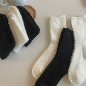 Women Fuzzy <b>Socks</b> Mid Calf Cotton White <b>Black</b> Solid Color Warm Breathable Autumn Winter <b>Socks</b> - Product Image 1