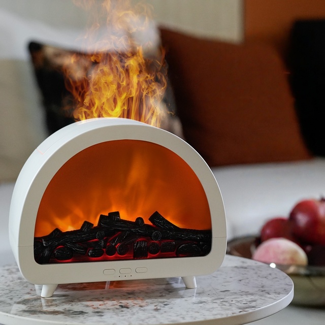 Mini Smart Fireplace Flame Aroma Diffuser with Wood Grain Design Ultrasonic Mist Humidifier for Bedroom Relaxation