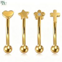 Joyería para Piercings, Barra Curva de Acero Inoxidable con Acabado Dorado, Corazón, Estrella, Flor, Cruz, para Ceja, Hélix, Labio, Ombligo, Hipoalergénica