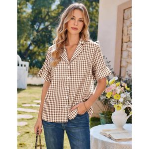 Womens Gingham <b>Pajamas</b> <b>Set</b> 2 Piece Cotton Short Sleeve Shirt With Ruffle Shorts Casual Sleepwear Lounge Wear - Product Image 5