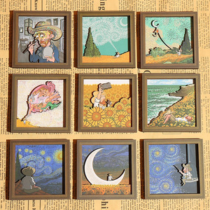 Aimant de réfrigérateur rectangulaire en bois, peinture à l'huile abstraite Art Déco Fangao, motif tournesol et ciel étoilé, design créatif, souvenir de voyage - Product Image 1