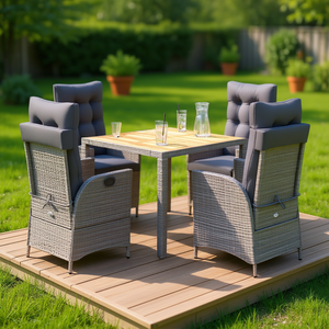 Set da Pranzo da Giardino in Rattan Grigio per 4 Persone, Resistente alle Intemperie, Tavolo in Legno Massello con Cuscini - Product Image 2