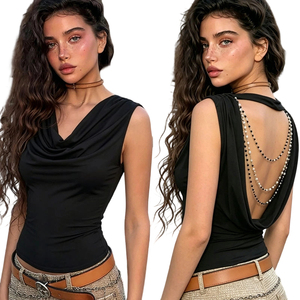 Dark Punk Style V-neck Ruched Backless Chain Embellished Breathable <b>Patchwork</b> Knitted Women's Sleeveless Tank <b>Top</b> - Product Image 1