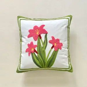Amity Boho Farmhouse Embroidery Flowers Jacquard Polyester Cotton Sofa Pillow Case Floral Cushion Cover