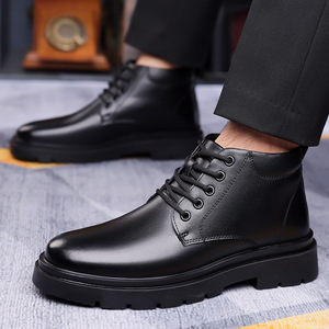 Bottes Martin pour hommes en cuir, à bout rond, à lacets, semelle extérieure en caoutchouc, doublure en fourrure, isolantes, chaussures formelles pour l'automne et l'hiver - Product Image 4