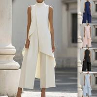 Ensemble élégant deux pièces pour femme : Gilet asymétrique sans manches à col roulé et pantalon large – Idéal pour le bureau et les trajets quotidiens