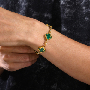 Trendy <b>Men</b> Malachite Link Bracelet 18K Gold White Gold Plated Stainless Steel Fine Jewelry Adjustable Clover Bracelet - Product Image 3
