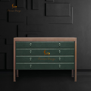 Brass Metal Trim Designer Bedroom Furniture Elegant Leather Upholstered Dresser Contemporary Minimalist Chest Drawers Nightstand - Product Image 2