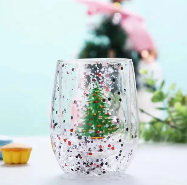 Schlussverkauf 300 ml kreativer Weihnachtsstil doppelwandiges Glas kaffeetasse, Trinkbecher, Kinder-Wasserbecher