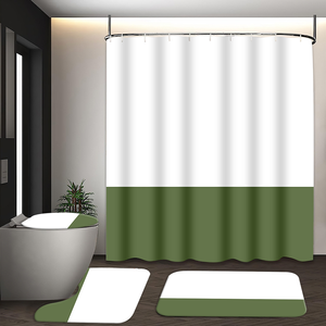 Ensemble de rideaux de douche modernes Muyu en blocs de couleur, tapis antidérapants et couvercle de toilette à rayures, en tissu imperméable - Product Image 1