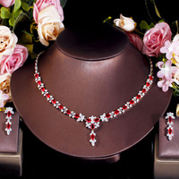 Elegante Rote Kristall Brautschmuck-Sets CZ Ovaler Schliff Rubin Kubisches Zirkon Stein Party Hochzeit Blumen Halskette Ohrringe für Damen
