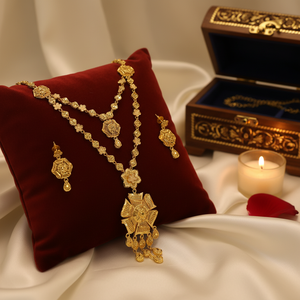 Women's Brass 18K <b>Gold</b> Plated Turkish Long Haram Necklace <b>Set</b> Lock Design Bridal Traditional Wedding Engagement Party Trendy - Product Image 3