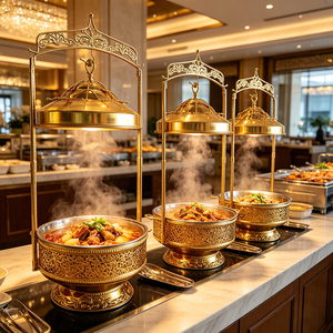 FLEY Comercial, Recipiente para Calentar <span class=keywords><strong>Comida</strong></span> <span class=keywords><strong>de</strong></span> 8L, Diseño Árabe Dorado con Tapa Escalonada, para Banquetes y Catering - Product Image 3