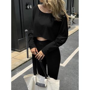 Custom <b>Womens</b> Off Shoulder <b>Cropped</b> <b>Top</b> Batwing Long Sleeve Loose Fit Yoga <b>Top</b> <b>Black</b> - Product Image 4