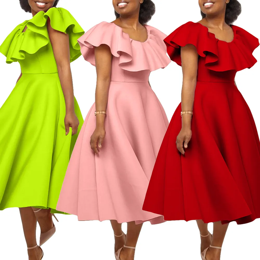 فساتين كنيسة للنساء ذوات البشرة السمراء موضة إفريقية مكشكشة برقبة دائرية فستان رسمي للحفلات للنساء فستان سهرة أنيق فستان مأدبة جميل