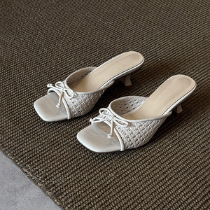 White Square Toe Heeled <b>Sandals</b> With <b>Bow</b> Decoration Breathable Faux Leather Mid Heel Slip-On Elegant Summer Drop Shipping - Product Image 1