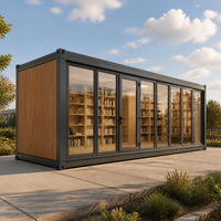 Unité de bibliothèque conteneurisée avec vitrage haut et mur latéral en lattes de bois, salle de lecture modulaire pour bibliothèques communautaires et scolaires