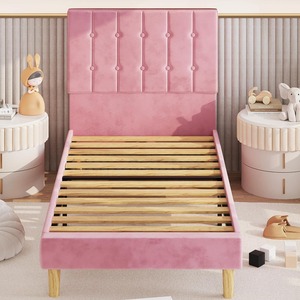<span class=keywords><strong>Lit</strong></span> double en velours rose Plate-forme rembourrée Bandes <span class=keywords><strong>de</strong></span> bois robustes Tête <span class=keywords><strong>de</strong></span> <span class=keywords><strong>lit</strong></span> en métal silencieuse Assemblage facile pour rangement dans la chambre à coucher - Product Image 2