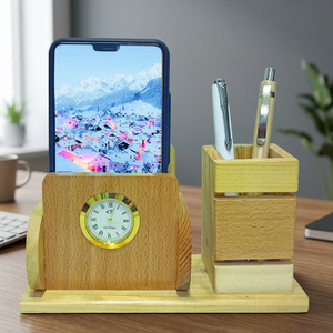 Organiseur de bureau en bois avec horloge et porte-stylos pour usage professionnel - Product Image 2