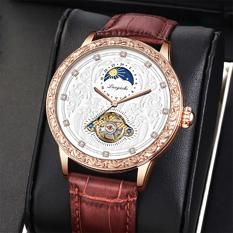 LAOGESHI 503 Rose gold Automatic Watch Leather Men's Wrist Watches Luxury Automatic Tourbillon Mechanical Watches for mens