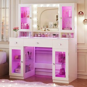 Tavolo da Trucco con Specchio e Luci, 4 Armadietti, Presa di Corrente e 3 Cassetti, Illuminazione a 3 Colori - Product Image 6