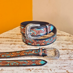 Cinturones de Cuero Genuino Premium para Hombre, Cinturón con Cuentas de Cristal y Hebilla Metálica, Accesorios de Moda al por Mayor, Grabado Floral - Product Image 4