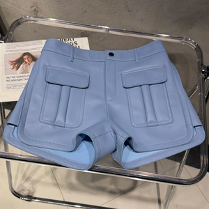 Shorts cargo <span class=keywords><strong>taille</strong></span> <span class=keywords><strong>haute</strong></span> en <span class=keywords><strong>cuir</strong></span> véritable pour femmes, poches à rabat utilitaires, shorts sexy - Product Image 2