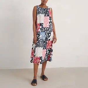 Garment Manufacturer Custom Linen Dress O neck Sleeve Less Flower Summer Clothing Women Casual Beach Dress