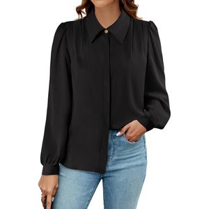 Camisa de mujer con botones, manga larga, plisada, blusa de oficina, informal de negocios, top de popelina - Product Image 1
