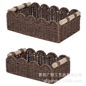 Woven <b>Storage</b> <b>Basket</b> Rectangle Fan Shaped Edge With Handles Handmade For Desktop Toy Snack Organizer Beige Brown Gray White - Product Image 5